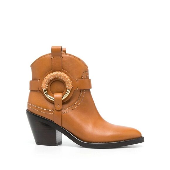 See by Chloé Hana Cuban Moto Buckle Ankle Boot Leather Brown Sz: EU 37.5/US 7.5 - Picture 1 of 9